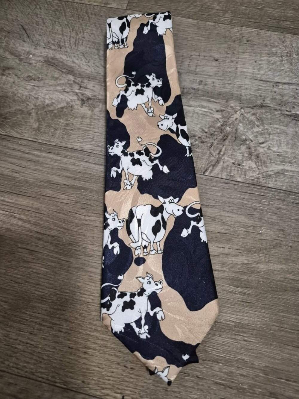 Cow Print Silk Tie By Fratello Handmade Beige & Black 4 Inches Wide Fun Novelty
